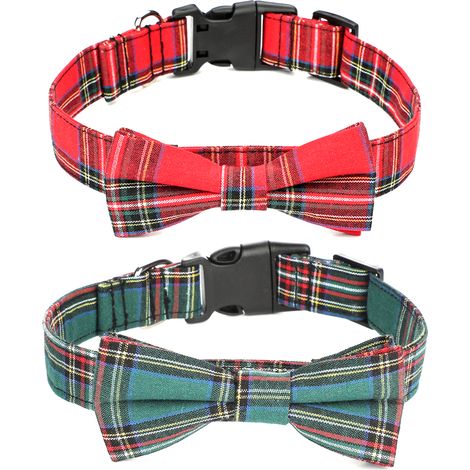 Collier Pour Chien - Motif Tartan Rouge Et Vert - Ajustable Avec Nœud Papillon Amovible - 1 Pièce (1/5)