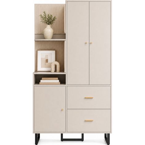 Armoire d'entrée compacte avec meuble à chaussures, penderie, étagères ouvertes et 2 tiroirs, MDF gris beige, 110 x 38 x 186 cm, 3 colis- FLORAGRACE (1/5)