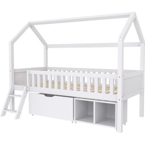 Lit cabane enfant 200 x 90 cm avec tiroirs et rangements, barrière anti-chute, blanc MODENUIT (1/5)