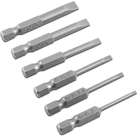 Lntyq Forets Magnétiques à Tête Plate à Pointe Fendue, 6pcs 50mm 2.0-6.0mm 0.25" Hex Shank S2 Alliage à Tête Plate à Pointe Magnétique Jeu D'embouts de Tournevis à Fente (1/4)