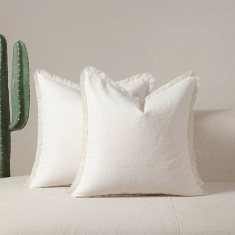 Ensemble de 2 housses de coussin décoratives en lin à franges, style bohème champêtre, avec pompons. Housse de coussin douce et décorative pour canapé, lit ou salon (45 x 45 cm) - Blanc (1/5)