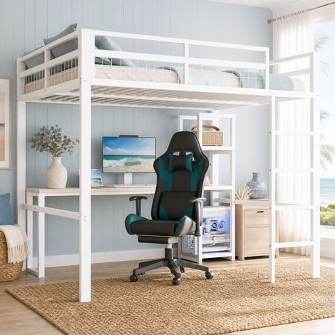 Hochbett 140x200 cm Weiß aus Metall mit Schreibtisch, Regalen, Steckdosen und Leiter (1/5)