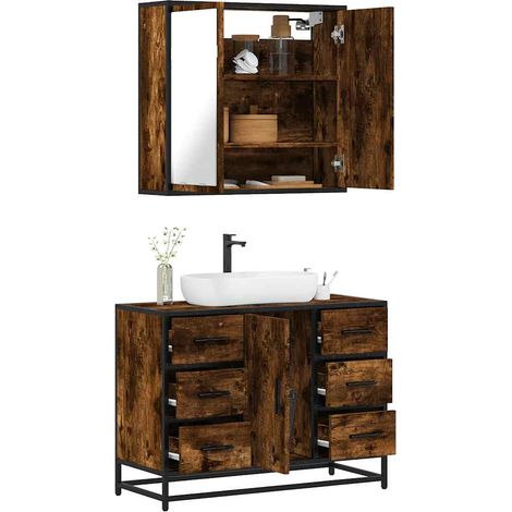 Ensemble meubles de salle de bain 2 pièces avec armoire miroir et meuble vasque, chêne fumé - PANGIVO (1/5)