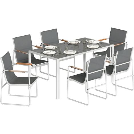 Conjunto de mesa y sillas de jardín en blanco y gris con mesa de cristal templado y 6 sillas transpirables para terraza o patio.