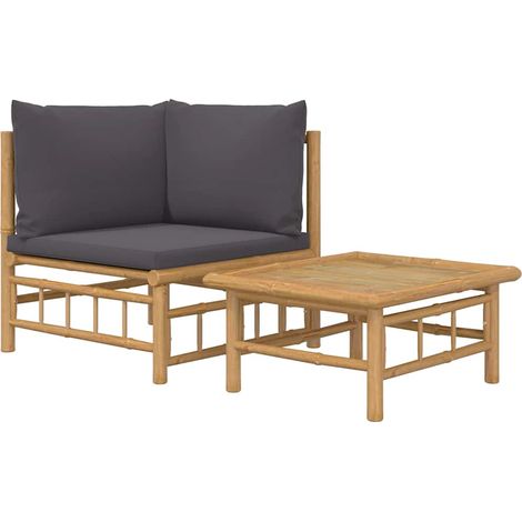 Salon de jardin 2 pièces canapé d'angle et table basse en bambou coussins gris foncé (1/5)