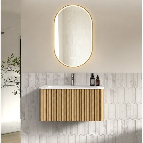 Set meuble de salle de bain suspendu 80 cm avec miroir LED ovale 50 x 80 cm effet chêne (1/5)