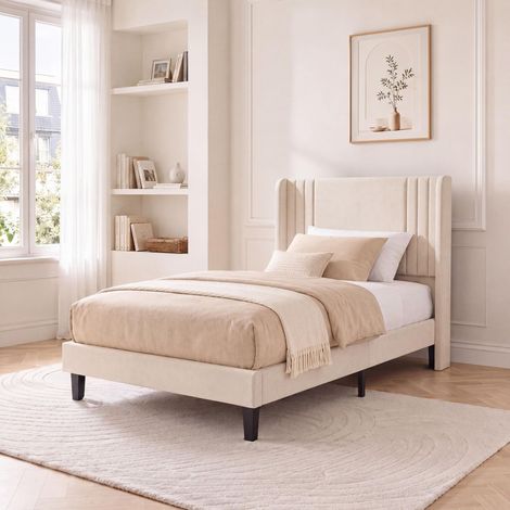 Letto singolo imbottito 90x200 cm con rete a doghe, testiera a righe e rivestimento morbido in tessuto effetto lino, Beige (1/5)