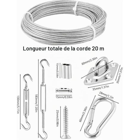Kit de Fixation pour Voile d'ombrage avec Cable Acier, Kit d'installation de Pare-Soleil en Acier Inoxydable, Auvent de Fixation pour Triangulaire et Carré, Hamac, Jardin, Terrasse (1/4)