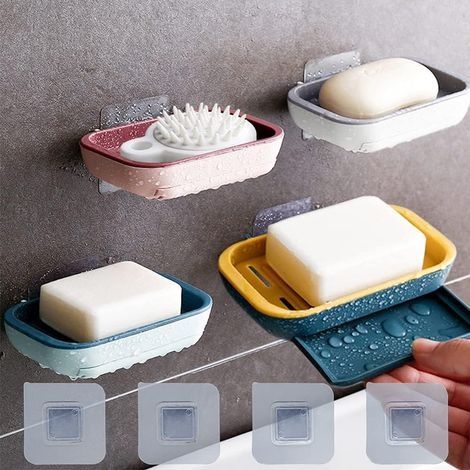 Porte-Savon avec Drain,4PCS Porte-Savon Gardez Le Savon au Sec, pour la Cuisine, la Salle de Bain et la Salle de Douche.4Couleurs,Plateau À Savon Adhésif Mural -Pas De Clou Pas De Perçage