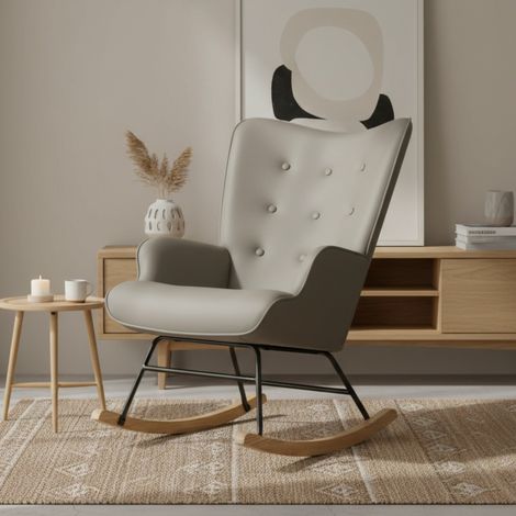 Fauteuil à bascule bois polyester gris 91x68x85cm (1/5)