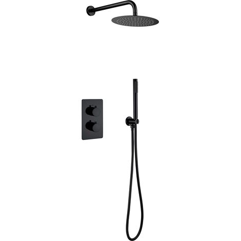 Unterputz Regendusche Set mit Wandarm Mischbatterie Handbrause Ø25cm schwarz Unterputz Regendusche 25 cm Komplettset mit Wandbrausekopf Arm Schwarz Matt (1/5)