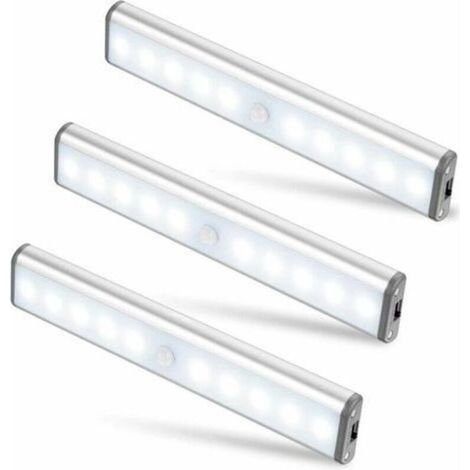 Tres focos inalámbricos recargables por USB para armarios, cada uno con 10 LED, sensores de movimiento magnéticos, dos modos de iluminación y diseño portátil. Ideales para iluminar armarios, como luz 