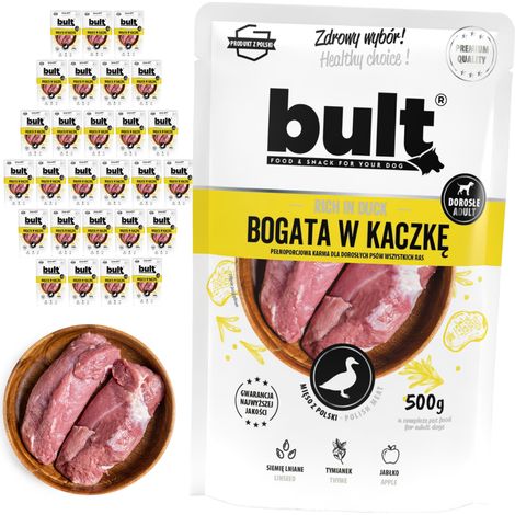 Alimento húmedo para perros BULT, sobre de pato, 30 x 500 g (1/2)