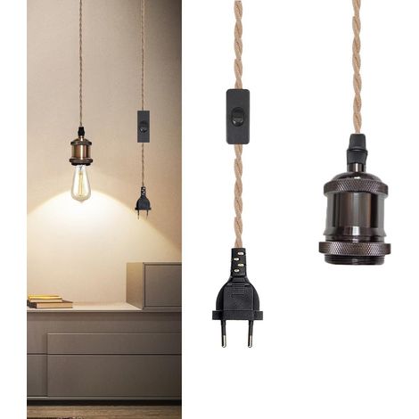 1 Kit Suspension Luminaire, Douille E27, Câble Chanvre 2m, Interrupteur Intégré, Métal Vintage, Cuisine Loft