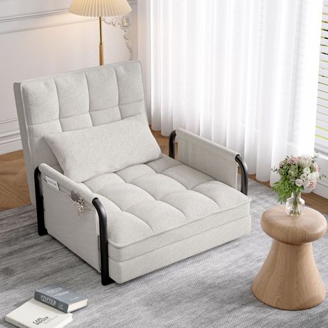 Canapé-lit 5 positions réglables, Lit capitonné avec cadre en métal, lit multifonctionnel avec poches de rangement et coussin décoratif, design moderne, Velours, Beige