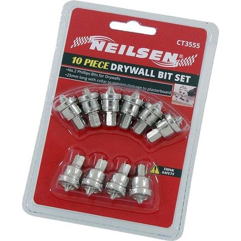 Neilsen 10pc Drywall Dimpler Drill Bit Set S2 Plasterboard Philips Screw Driver