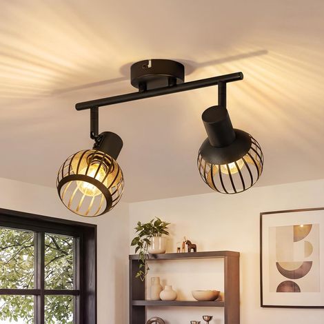 ZMH Spot Plafond E14 2 Spots Noir Vintage Plafonnier Industriel Orientable 350° avec Cage Métallique pour Salon Cuisine Chambre (1/5)