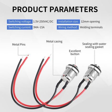 Bouton-Poussoir Étanche - 6 pièces, Inoxydable 12mm Rond avec Fil - Voiture PC Lampe - Argent Étiquette (1/5)