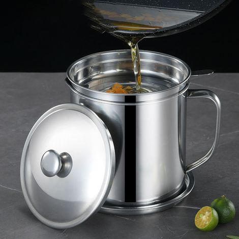 Bidon d'huile en acier inoxydable 304, récipient de stockage d'huile domestique avec filtre et couvercle, bocal filtrant pour l'huile de cuisine, acier inoxydable 1,8 m (image principale) (1/5)