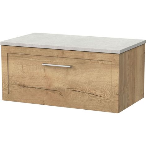 Stonnall Traditional Wall Hung 1 Drawer Vanity Unit with White Sparkle Laminate Worktop, 800mm, Autumn Oak