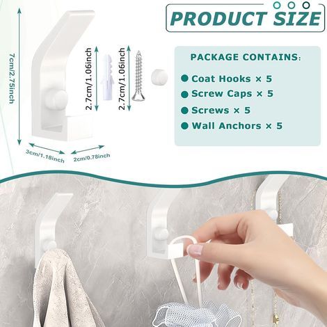 Ganchos de pared resistentes, 5 ganchos de metal con tornillos, gancho doble para toallas, perchero de pared, ganchos para sombreros, toallero para baño/dormitorio (blanco) (1/5)