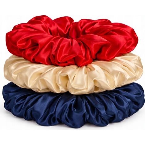 Set mit 3 Haargummis, Satin-Haargummi, 10 cm, rot, beige, marineblau (1/5)