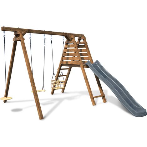 Portique en bois carré 3 agrès balançoire bébé, corde disque et toboggan FLEUR