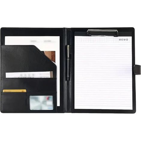Conférencier A4 en similicuir, porte-documents avec classeur à anneaux et porte-stylos, organiseur robuste pour travail, bureau et voyages d'affaires, noir (1/5)