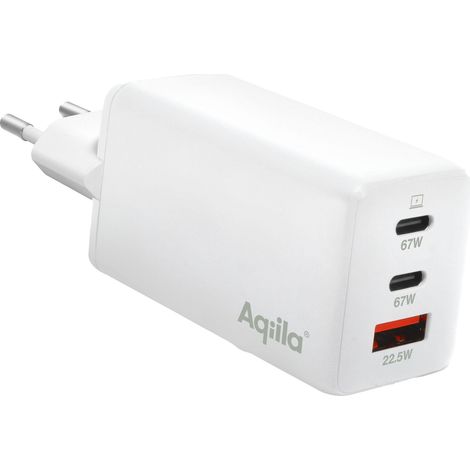Aqiila USB-C-Ladegerät de 65 W, GaN-Technologie, PD, Schnellladung, 2 USB-C-Anschlüsse, 1 USB-A-Anschluss, Netzteil de, kompaktes Design, 100-240 V, plastikfreie Verpackung, Farbe white (1/5)