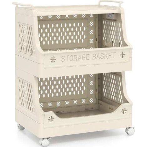 Panier à linge roulant 3 niveaux avec roues, chariot de rangement en plastique avec crochets latéraux (1/5)