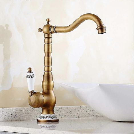 Grifo monomando retro para lavabo de baño, grifo de baño, grifo de lavabo de baño con manija de cerámica, grifo de fregadero de cocina de latón antiguo, de alta gama)-hy (1/5)