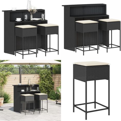 Ensemble de bar de jardin 3 pcs avec coussins noir poly rotin - Meubles extérieurs - Barre de jardin (1/5)
