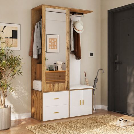 DESMIU Ensemble de meubles de salon avec miroir, banc à chaussures, tiroir, étagères et tringle coulissante en panneau de particules blanc et naturel (1/5)