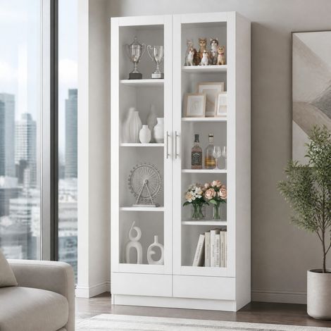 Meuble rangement 80x40x160 cm avec 2 tiroirs, blanc HAVRYA (1/5)