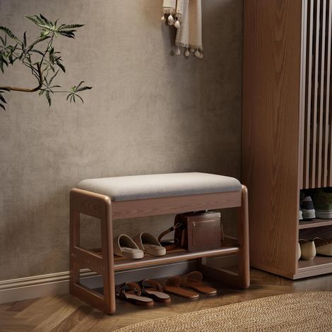 Banc à Chaussures Rembourré, Banc de Rangement en Bois Massif, Rangement Caché, Étagère à Chaussures à 2 Niveaux, Meuble d'Entrée, Coussin d’Assise en Coton et Lin, 30 x 60 x 40 cm, Noyer (1/5)
