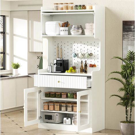 REDOM - Aparador de cocina - 80x40x180 cm - estantes ajustables - cajón- iluminación LED- MDF y tablero de partículas - blanco