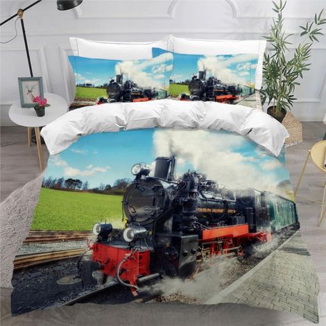 Bettwäsche-Set 200x200 cm 3-teilig mit 3D-Druck Zugmotiv 100% Mikrofaser