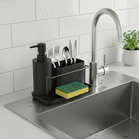 Rangement de cuisine - Organisateur de lavabo - Station de lavage compacte avec porte-savon et égouttoir - 1 pièce - Pour cuisine et salle de bain - Noir (1/5)