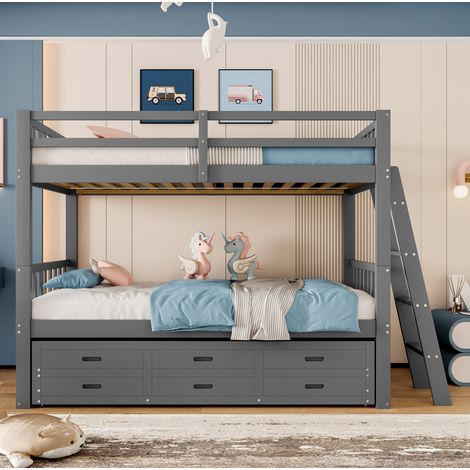 DESVIAE Lit superposé enfant 90 x 200 cm en pin et MDF avec lit gigogne, trois tiroirs de rangement, échelle antidérapante et barrières de sécurité gris (1/5)