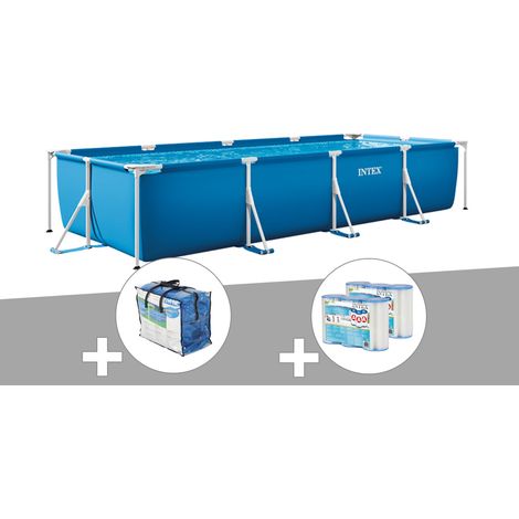 Kit piscine tubulaire rectangulaire 4,50 x 2,20 x 0,84 m + Bâche à bulles + 6 cartouches - Intex