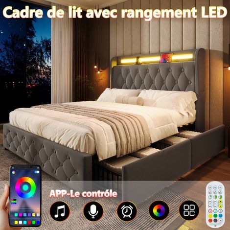 Lit capitonné 140x190 cm, velours, avec éclairage LED et prise USB, tête de lit avec étagères et espace de rangement, lit double plat, avec 4 tiroirs (1/5)