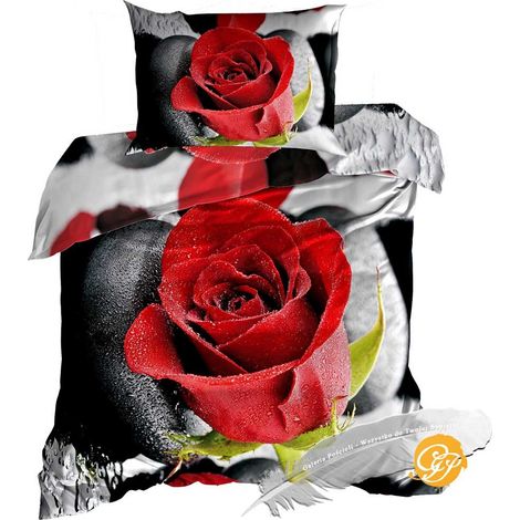 3D-Bettwäsche aus Baumwollsatin, 140 x 200 cm, rote Rose (1/2)
