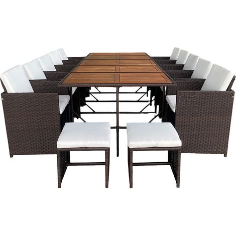 Mobili da giardino a 14 posti in legno di acacia e resina marrone intrecciata + copertura TOLEDO