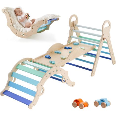 Ensemble Triangle Pikler 9-en-1, Jouet d'Escalade Montessori pour Enfants, avec 2 Voitures en Bois, Coussin, Arche et Rampe, Charge 68 kg, Pliable, Bleu (1/5)