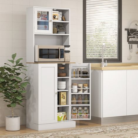 Mueble para horno microondas con estantes abiertos y especiero, 60x35x169 cm, blanco (1/5)