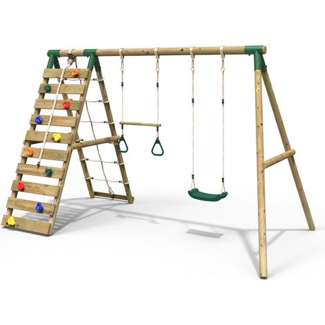Rebo Wooden Swing Set with Up and Over Climbing Wall - Savannah Green
