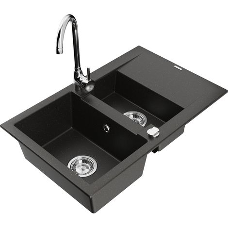 Mexen Gaspar évier en granit 1,5 bac avec égouttoir et robinet de cuisine Telma, noir/doré - 6507-75-670200-00 (1/5)