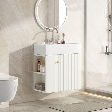 Meuble de salle de bain avec vasque 55 cm suspendu blanc HAVRYA (1/5)