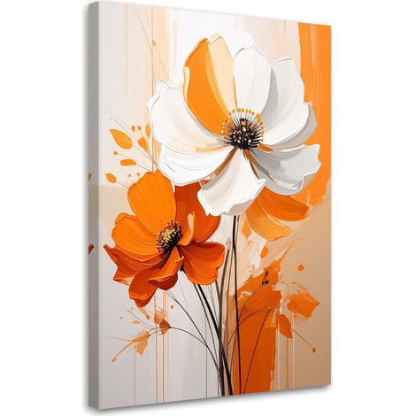 Quadro su tela, Fiori bianchi e arancioni in una composizione moderna. - 80x120 (1/2)