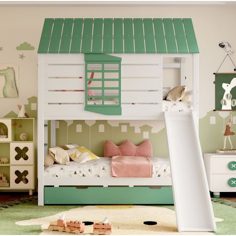 Lit cabane 90x200 avec toboggan et lit gigogne HAVRYA (1/5)